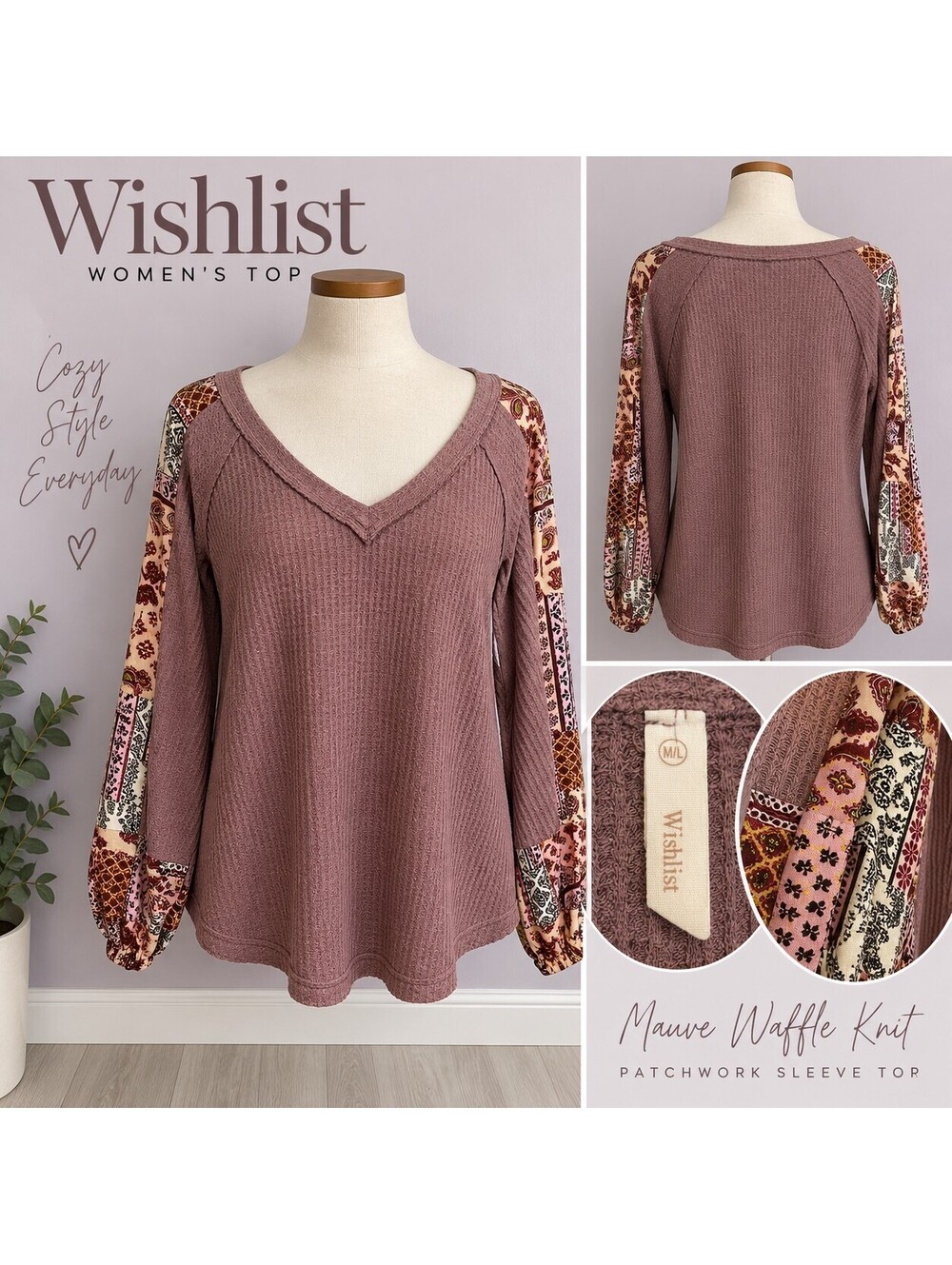 Wishlist M/L Mauve Waffle Knit Boho Patchwork Sleeve V-Neck Top